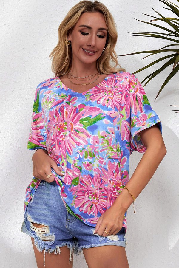 Floral V-Neck Short Sleeve Blouse