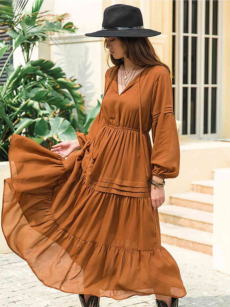 Mona Tie Neck Long Sleeve Midi Tiered Dress