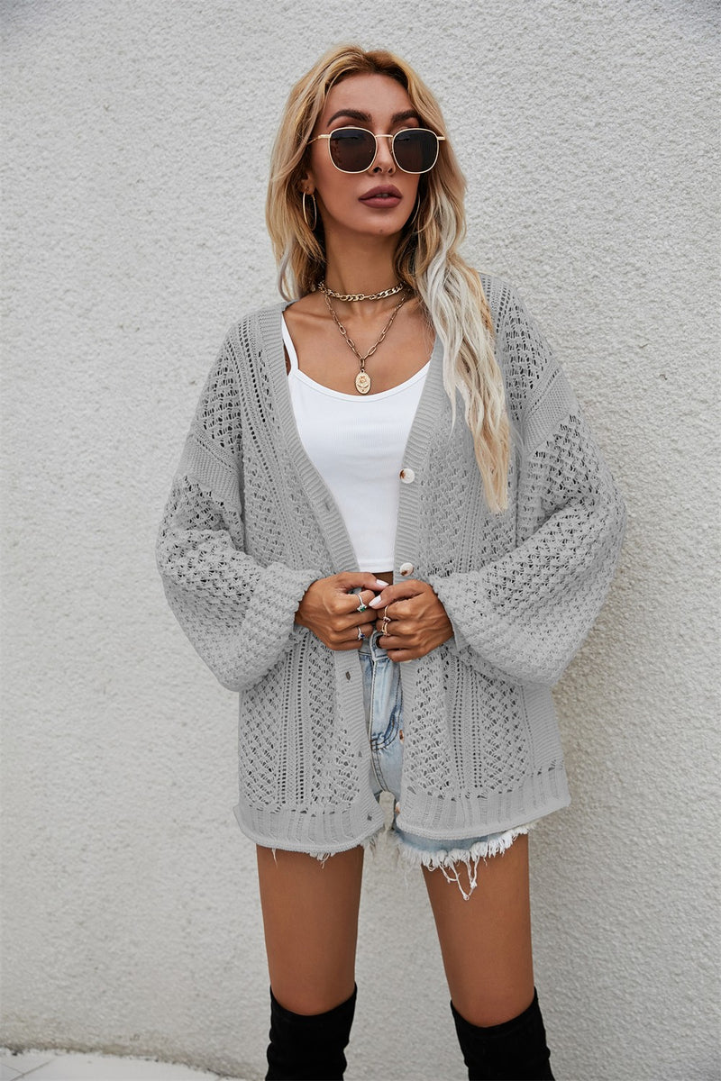 Katie Openwork V-Neck Dropped Shoulder Cardigan