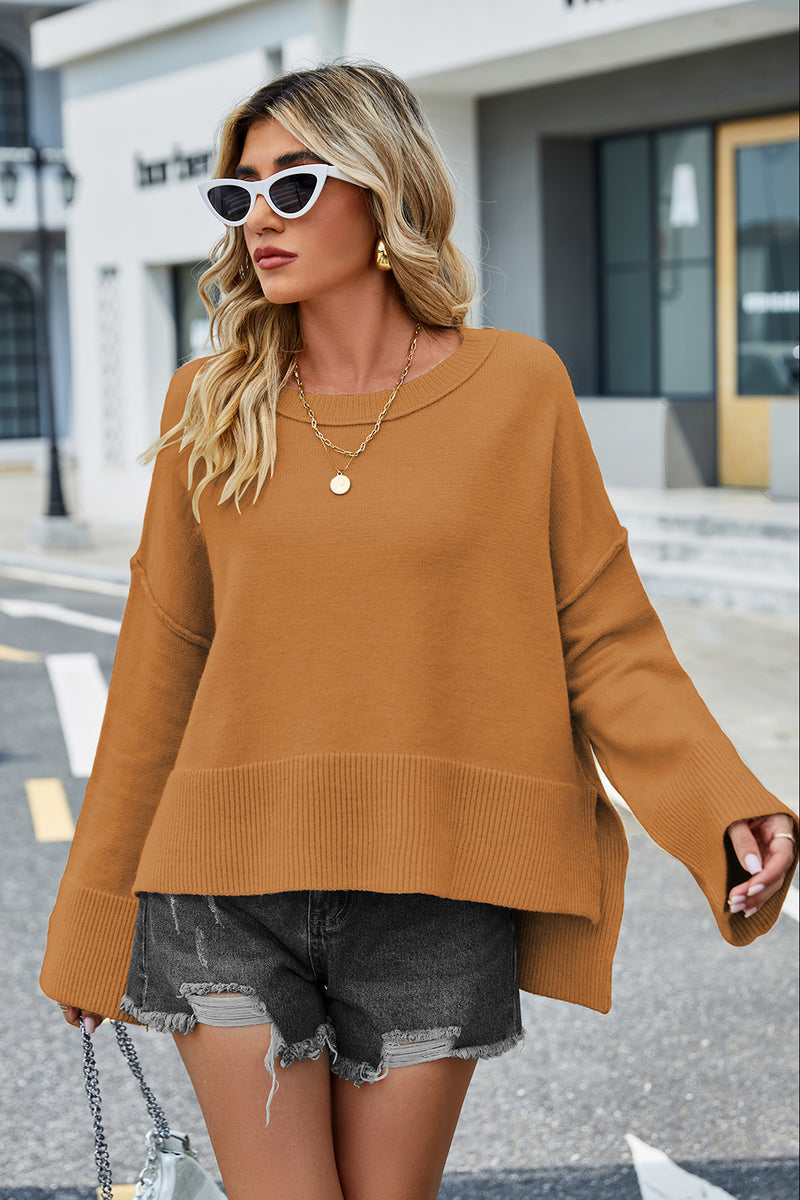 Daniella Round Neck Dropped Shoulder Slit Sweater