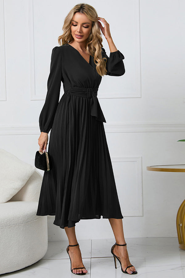 Lila V-Neck Long Sleeve Tie Waist Midi Dress