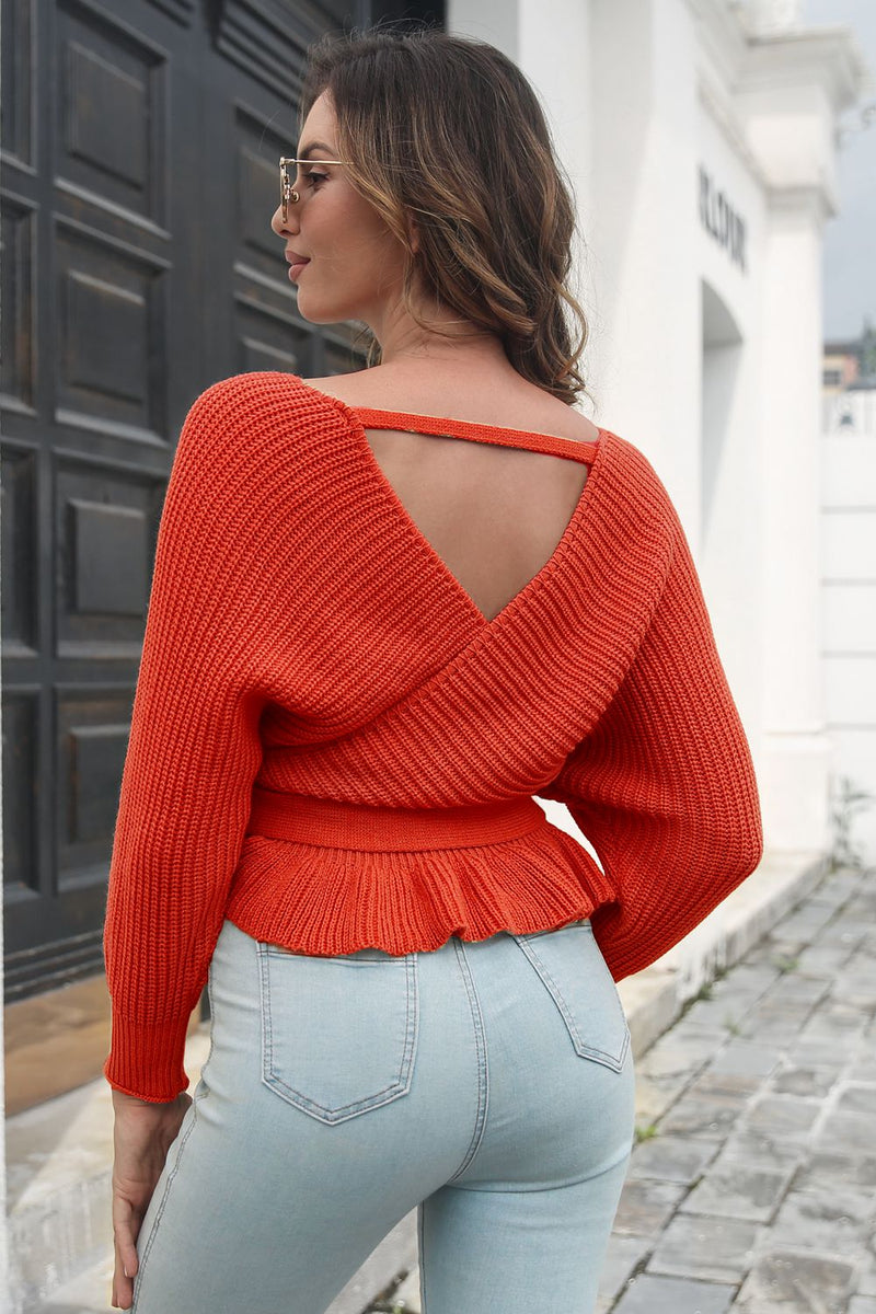 Elodie Tie Waist Ruffle Hem Sweater