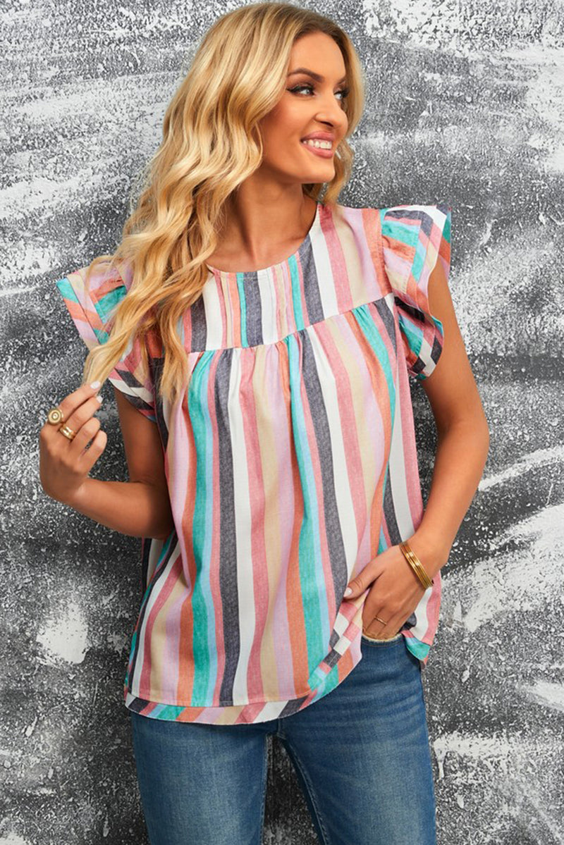 Mya Multicolored Stripe Flutter Sleeve Blouse