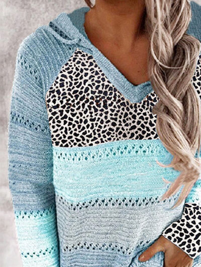 Tayla Full Size Openwork Leopard Drawstring Hooded Sweater