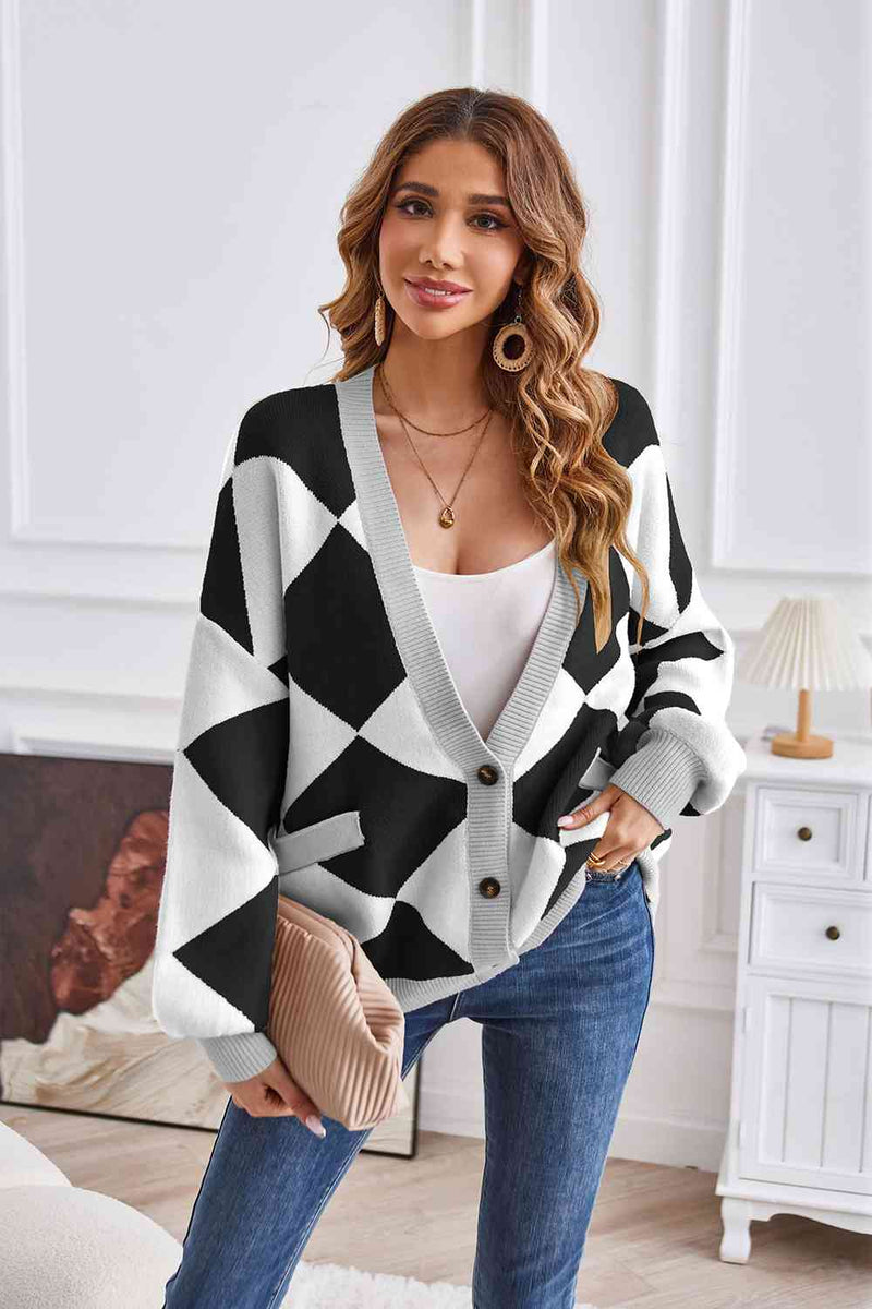 Taylor Geometric Lantern Sleeve Cardigan with Pockets