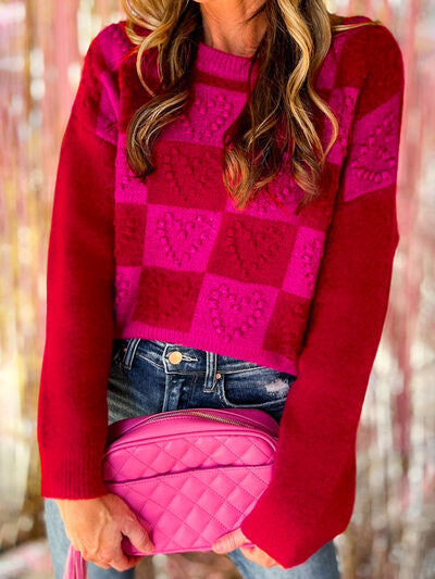 Chelsey Plaid Heart Round Neck Sweater