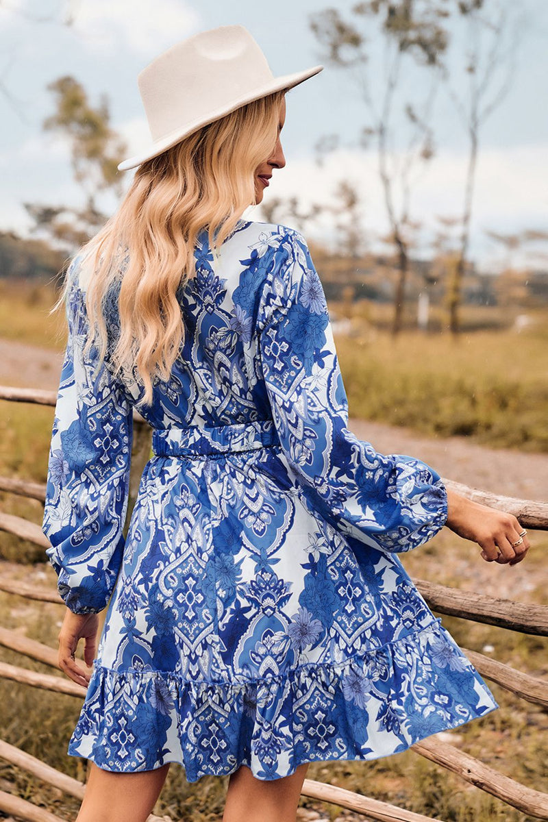 Sparrow Printed Surplice Neck Long Sleeve Dress