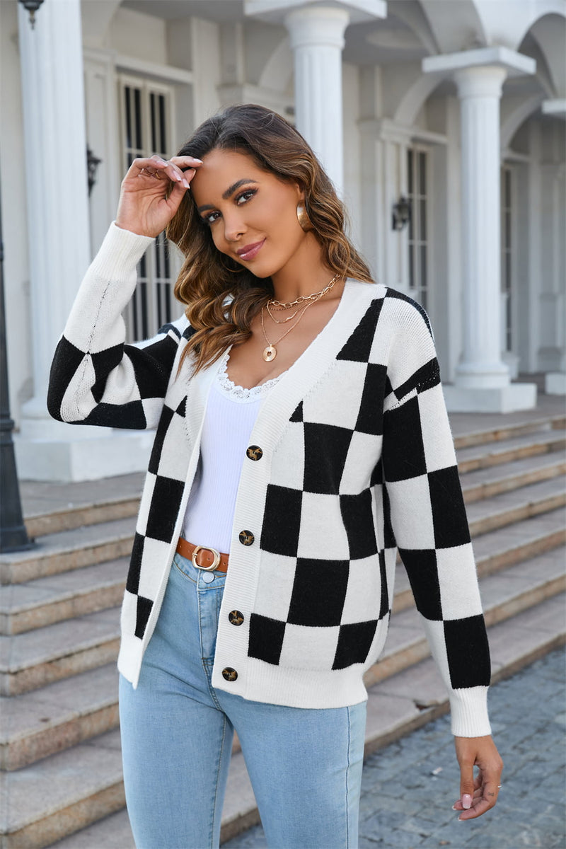 Lake Button-Up Plaid V-Neck Dropped Shoulder Cardigan