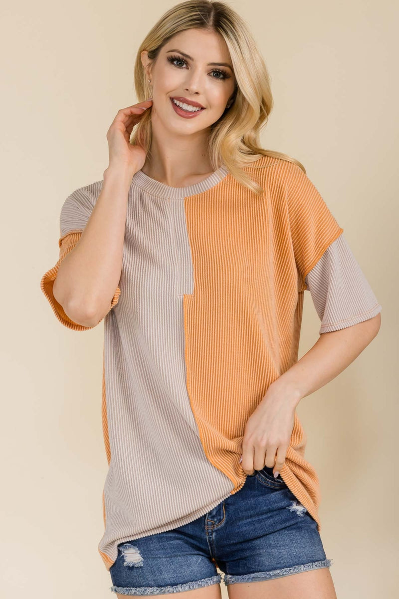 Gerry Full Size Ribbed Color Block Short Sleeve T-Shirt