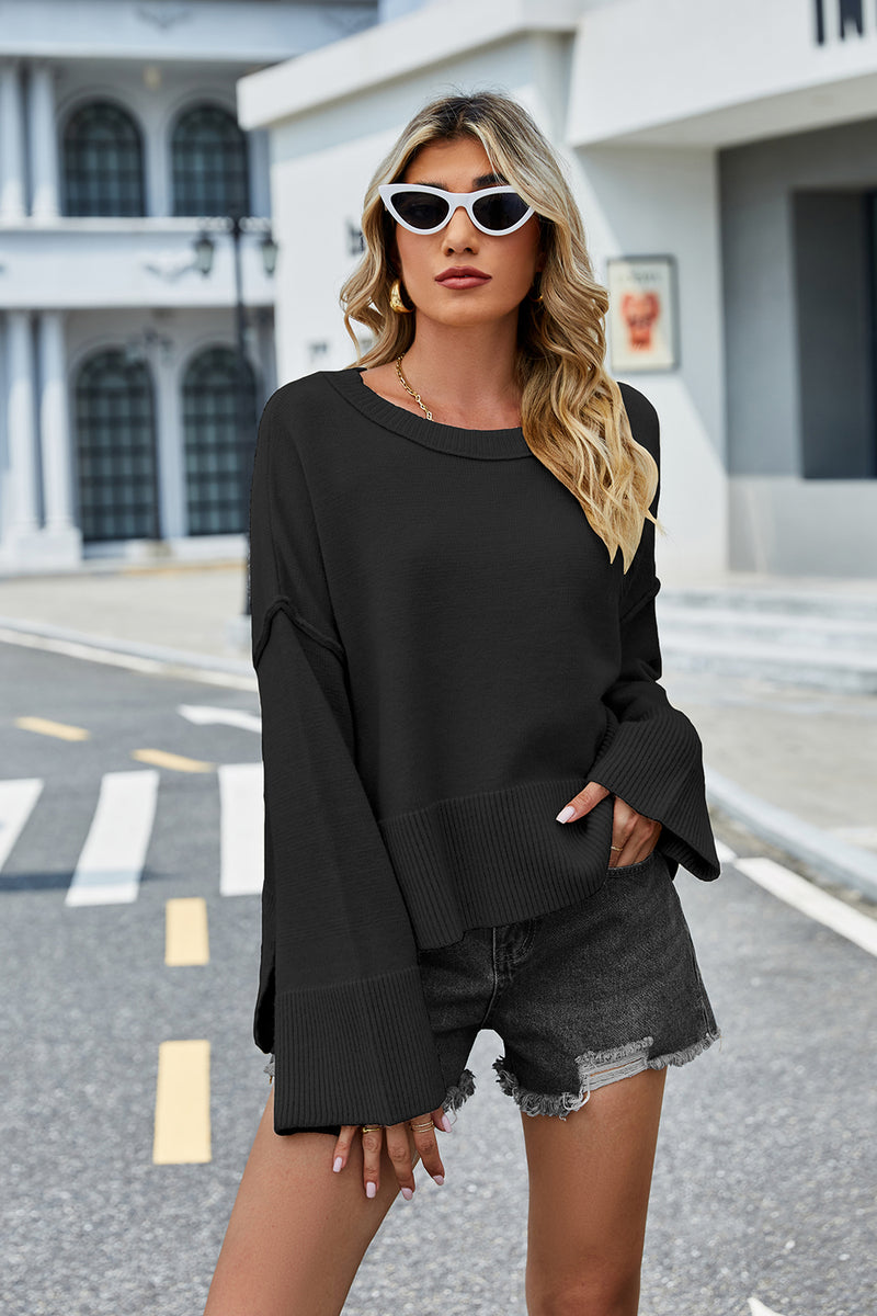 Daniella Round Neck Dropped Shoulder Slit Sweater