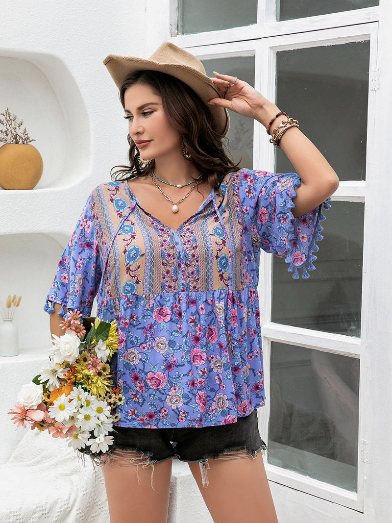 Saxony Plus Size Printed V-Neck Half Sleeve Blouse