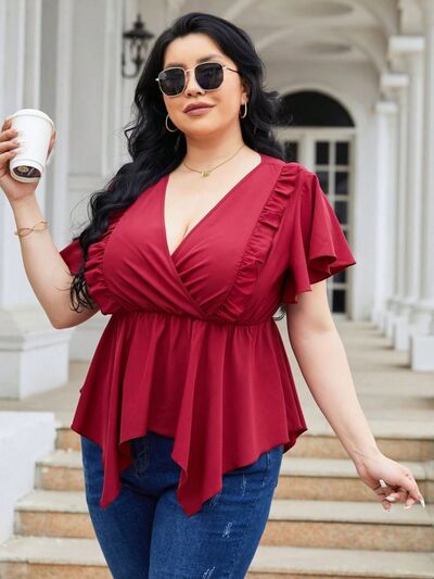 Kattera Plus Size Frill Surplice Flutter Sleeve Blouse