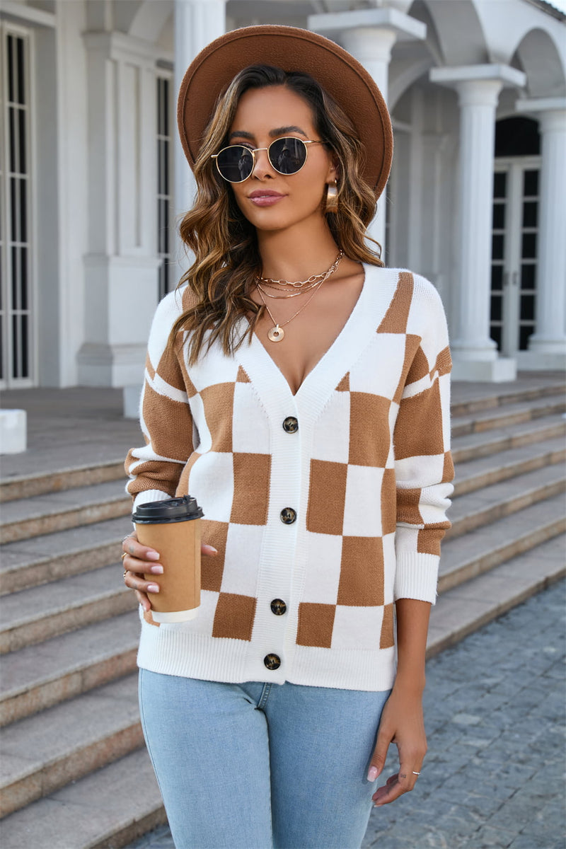 Lake Button-Up Plaid V-Neck Dropped Shoulder Cardigan