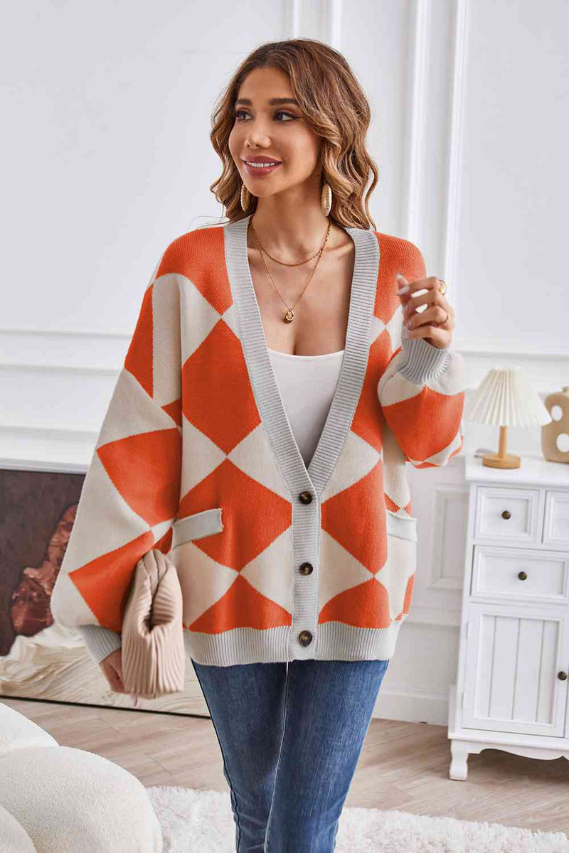 Taylor Geometric Lantern Sleeve Cardigan with Pockets