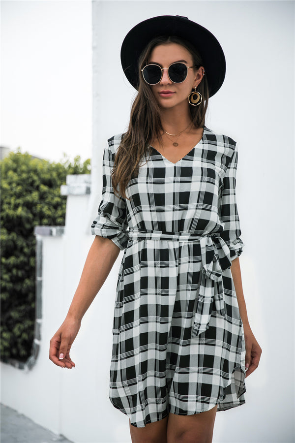 Ryn Plaid V-Neck Tie Waist Dress