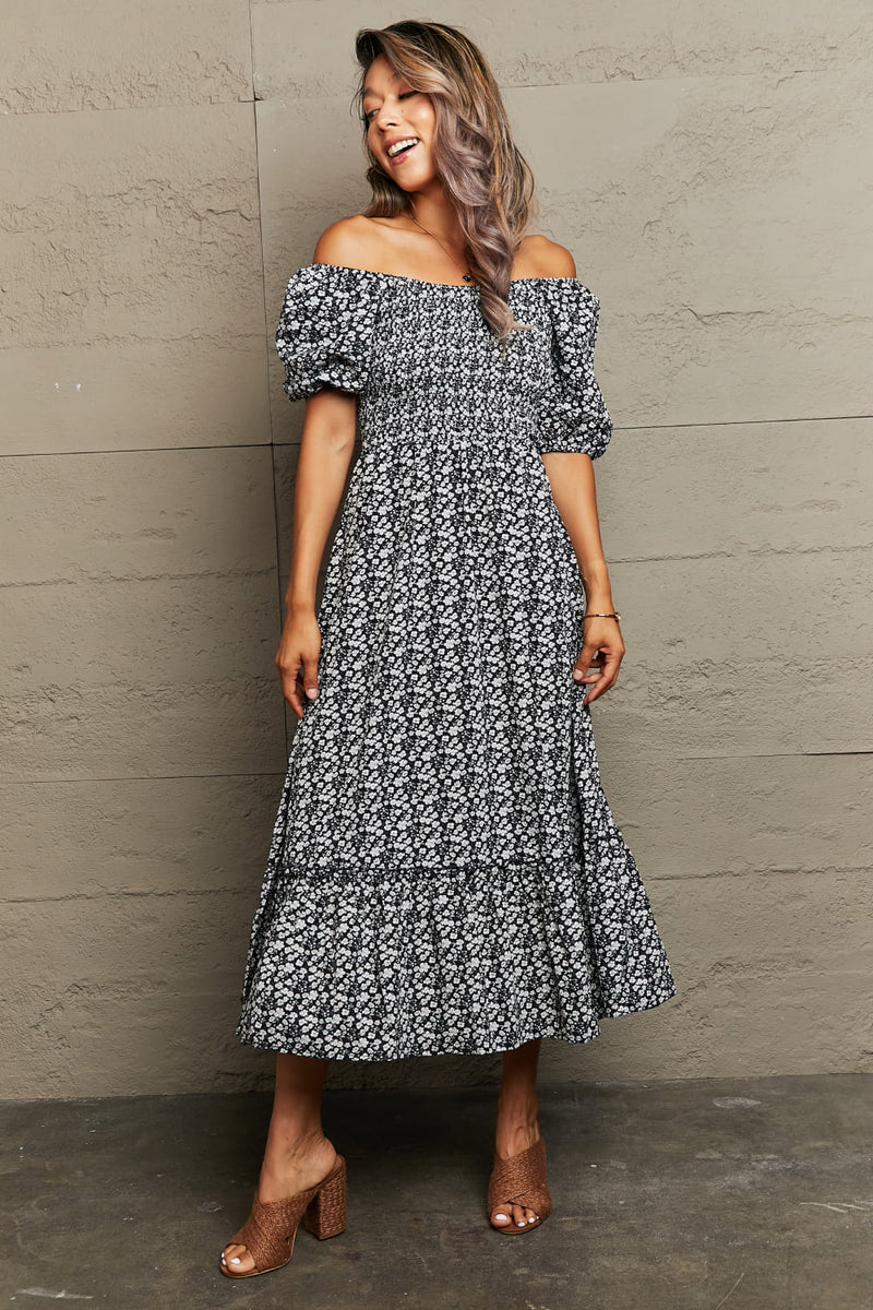 Lynette Floral Lace-Up Off-Shoulder Midi Dress