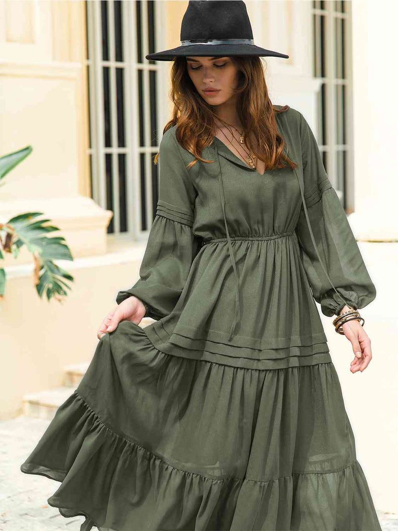 Mona Tie Neck Long Sleeve Midi Tiered Dress