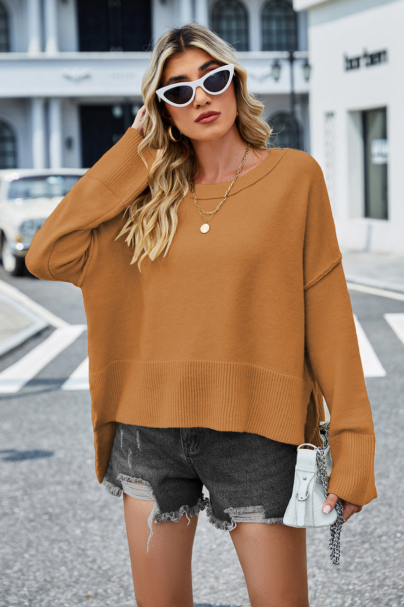 Daniella Round Neck Dropped Shoulder Slit Sweater