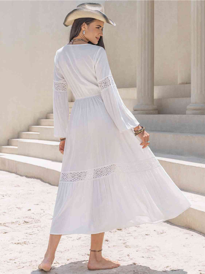 Mona Tie Neck Long Sleeve Midi Tiered Dress