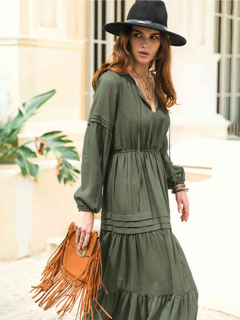 Mona Tie Neck Long Sleeve Midi Tiered Dress