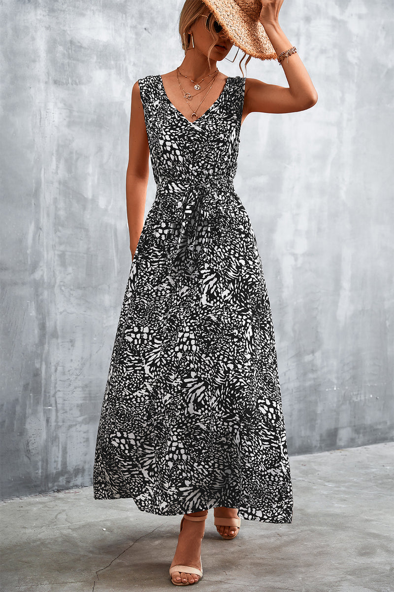 Serenity Printed V-Neck Tie Waist Maxi Dress