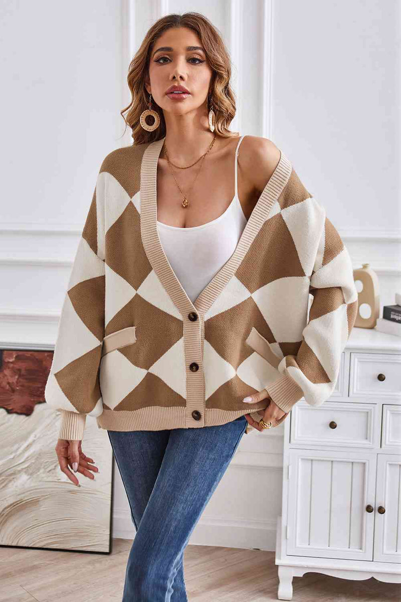 Taylor Geometric Lantern Sleeve Cardigan with Pockets