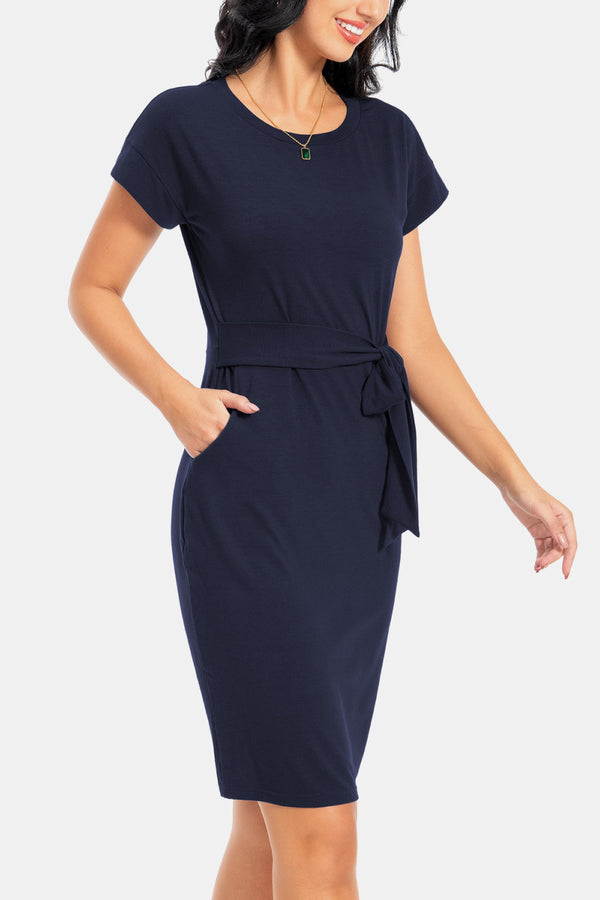 Charity Tie Front Round Neck Short Sleeve Dress