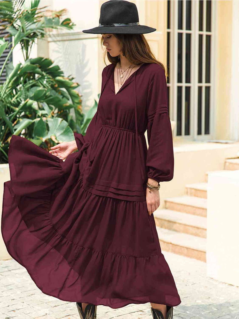 Mona Tie Neck Long Sleeve Midi Tiered Dress