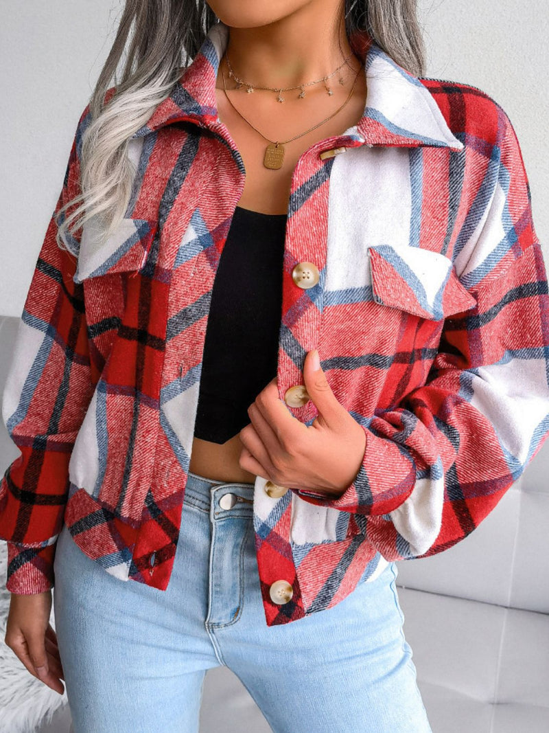 Tyller Plaid Collared Neck Drop Shoulder Jacket