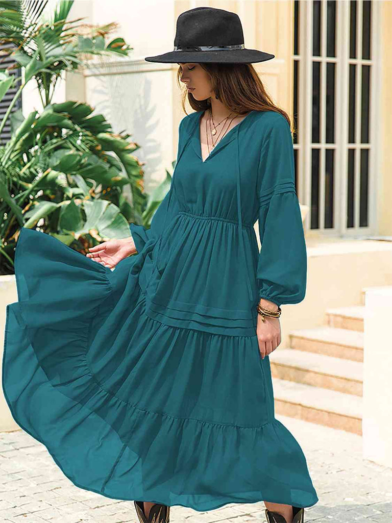 Mona Tie Neck Long Sleeve Midi Tiered Dress