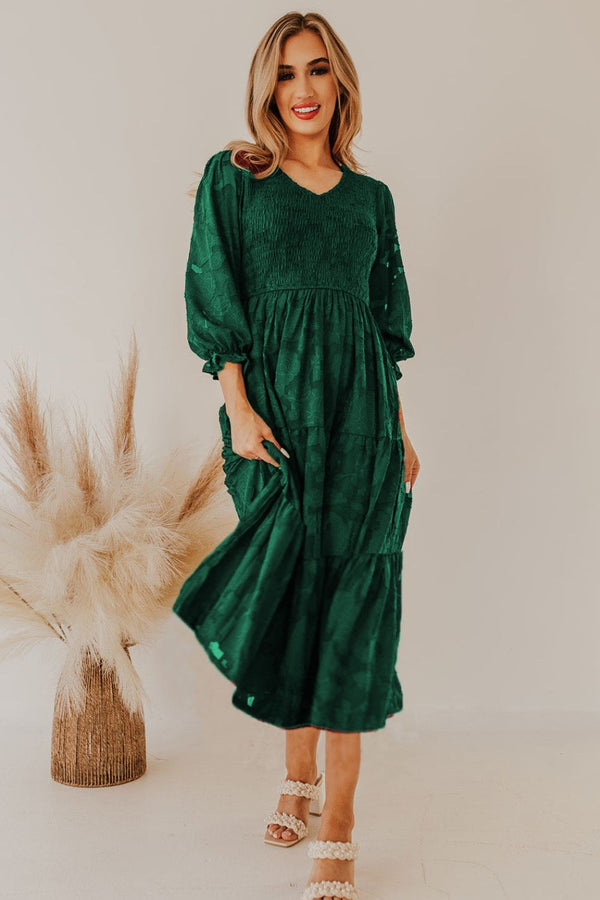 Sarah Smocked V-Neck Flounce Sleeve Dress