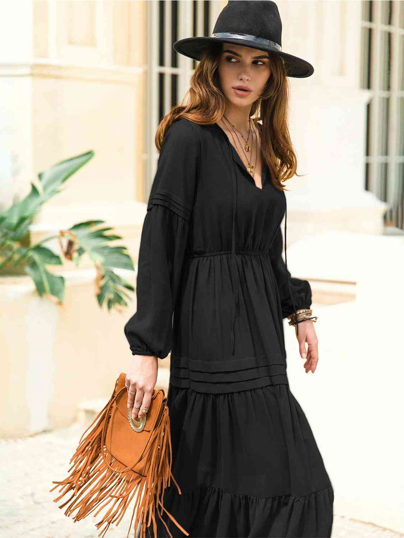 Mona Tie Neck Long Sleeve Midi Tiered Dress