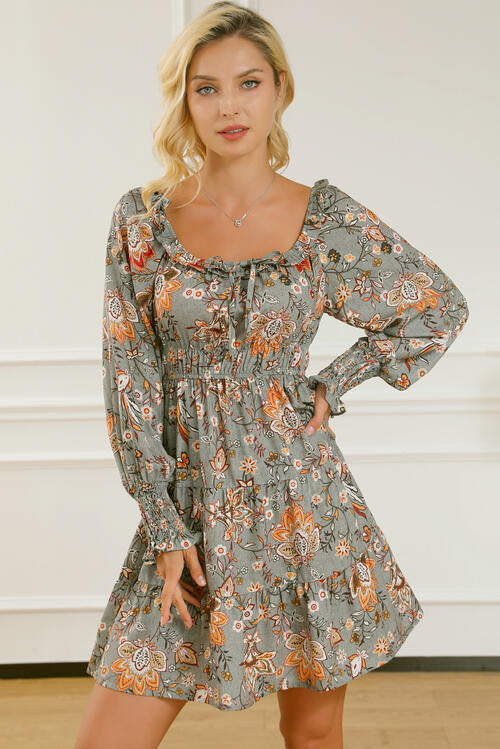 Maxine Printed Smocked Lantern Sleeve Tiered Dress