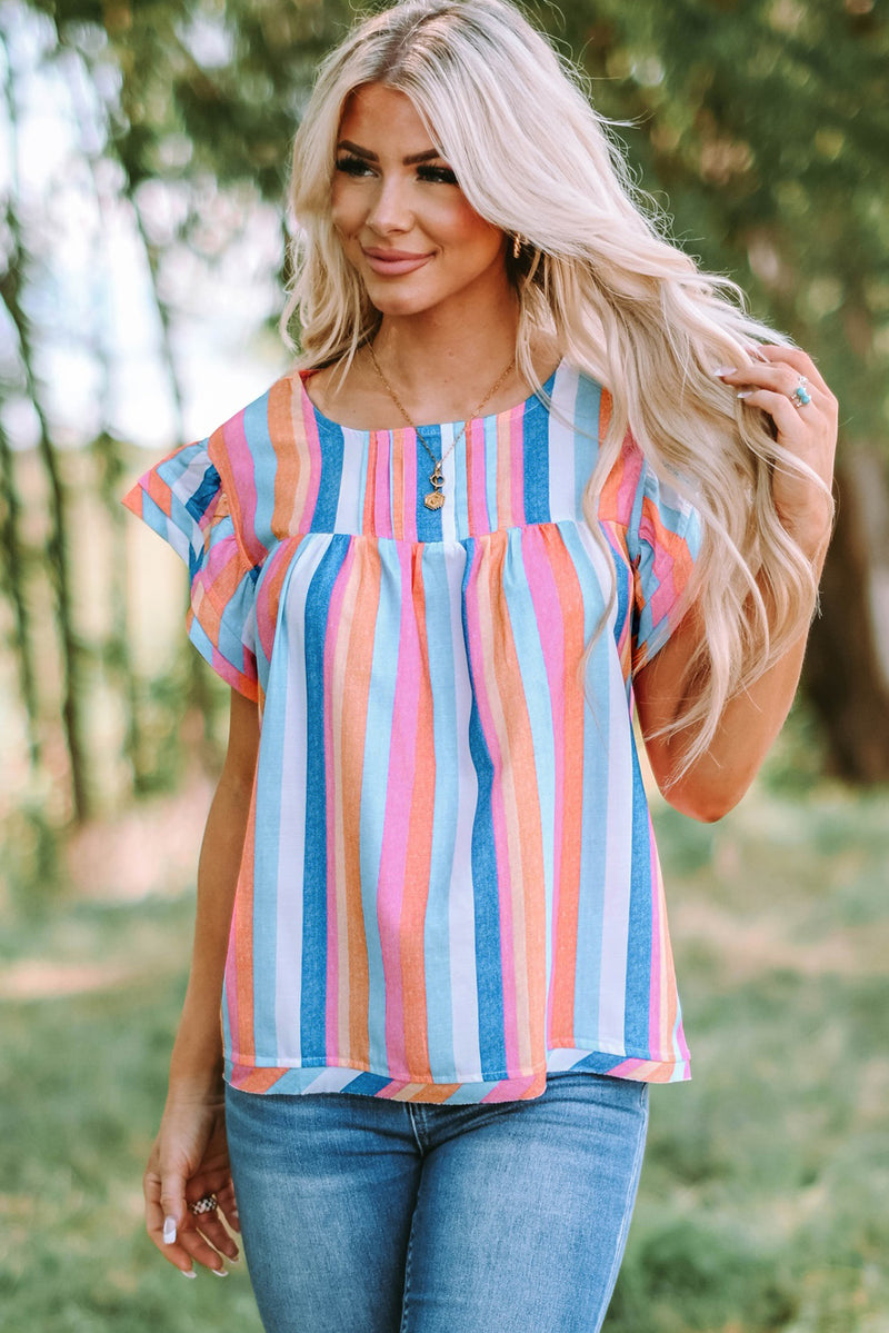 Mya Multicolored Stripe Flutter Sleeve Blouse