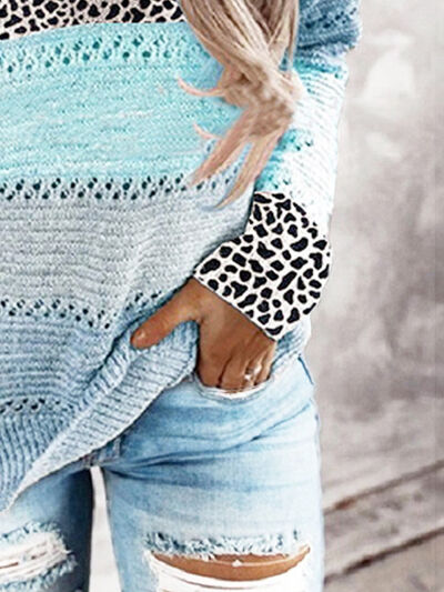 Tayla Full Size Openwork Leopard Drawstring Hooded Sweater