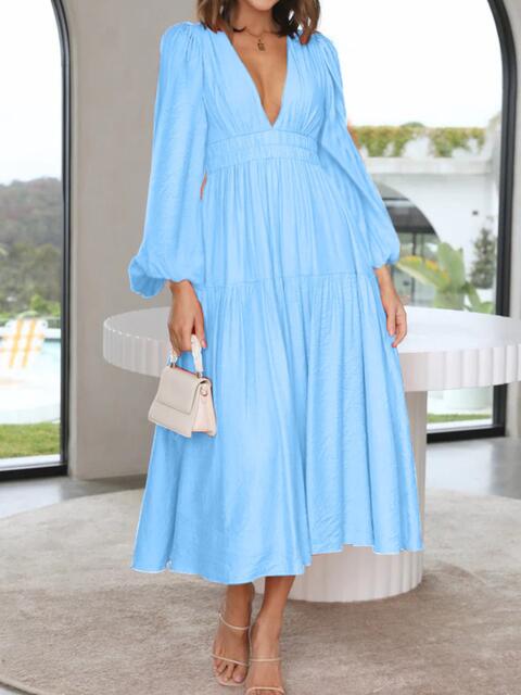 Tristan Deep V-Neck Balloon Sleeve Plain Maxi Dress