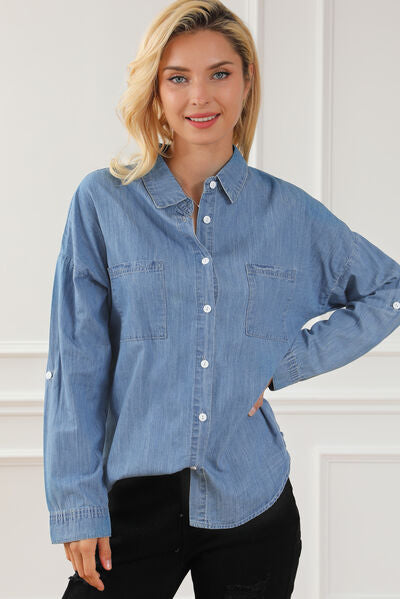 Shylah Pocketed Button Up Collared Neck Denim Top