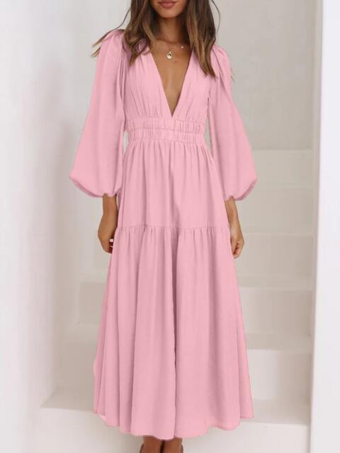 Tristan Deep V-Neck Balloon Sleeve Plain Maxi Dress