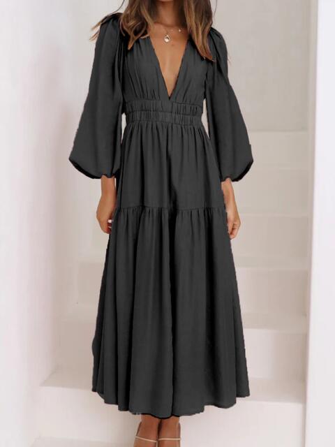 Tristan Deep V-Neck Balloon Sleeve Plain Maxi Dress