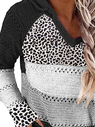 Tayla Full Size Openwork Leopard Drawstring Hooded Sweater