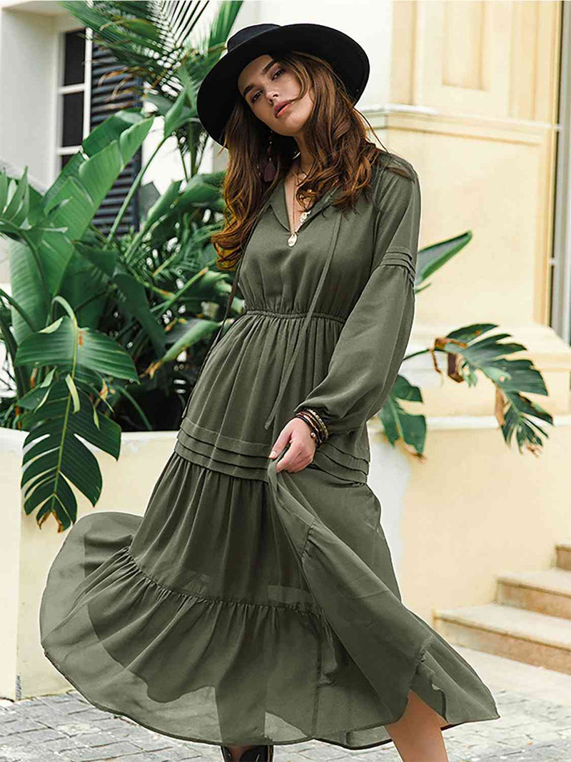 Mona Tie Neck Long Sleeve Midi Tiered Dress