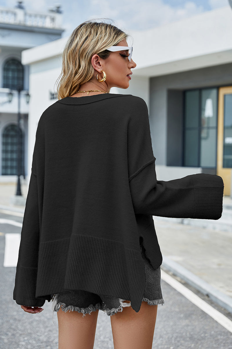 Daniella Round Neck Dropped Shoulder Slit Sweater