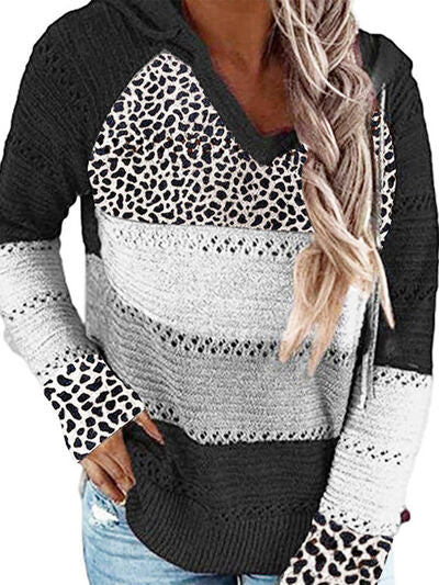 Tayla Full Size Openwork Leopard Drawstring Hooded Sweater