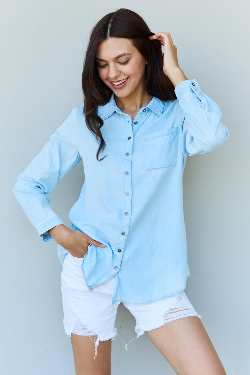 Lydia Denim Button Down Shirt Top in Light Blue