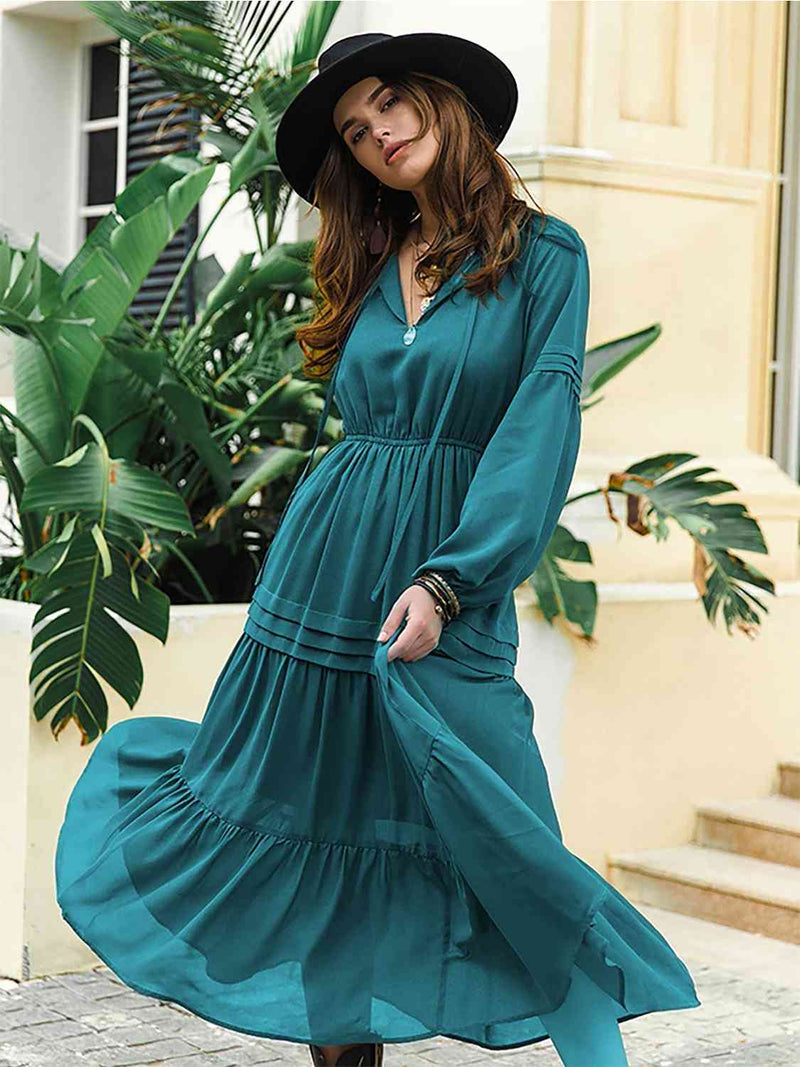 Mona Tie Neck Long Sleeve Midi Tiered Dress