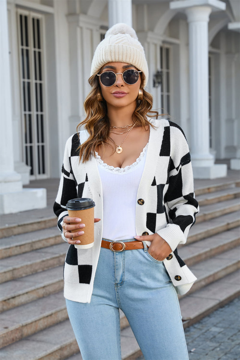 Lake Button-Up Plaid V-Neck Dropped Shoulder Cardigan