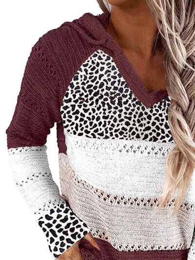 Tayla Full Size Openwork Leopard Drawstring Hooded Sweater