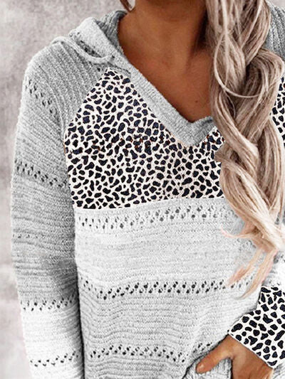 Tayla Full Size Openwork Leopard Drawstring Hooded Sweater