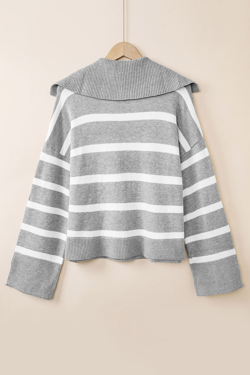 Thea Striped Collared Neck Slit Sweater