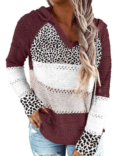 Tayla Full Size Openwork Leopard Drawstring Hooded Sweater